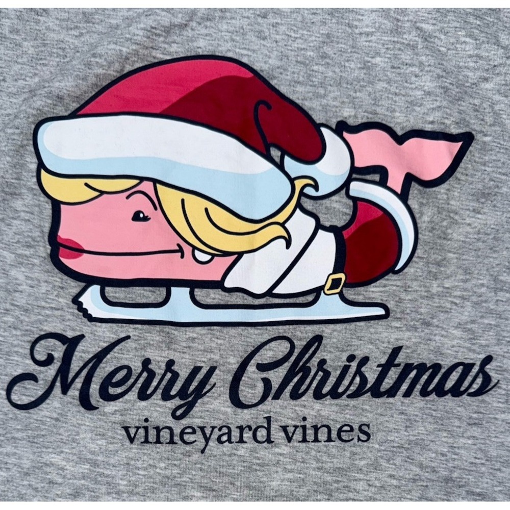 Vineyard Vines Mrs. Claus Holiday Whale Pocket Gray T-Shirt Womans Sz Medium